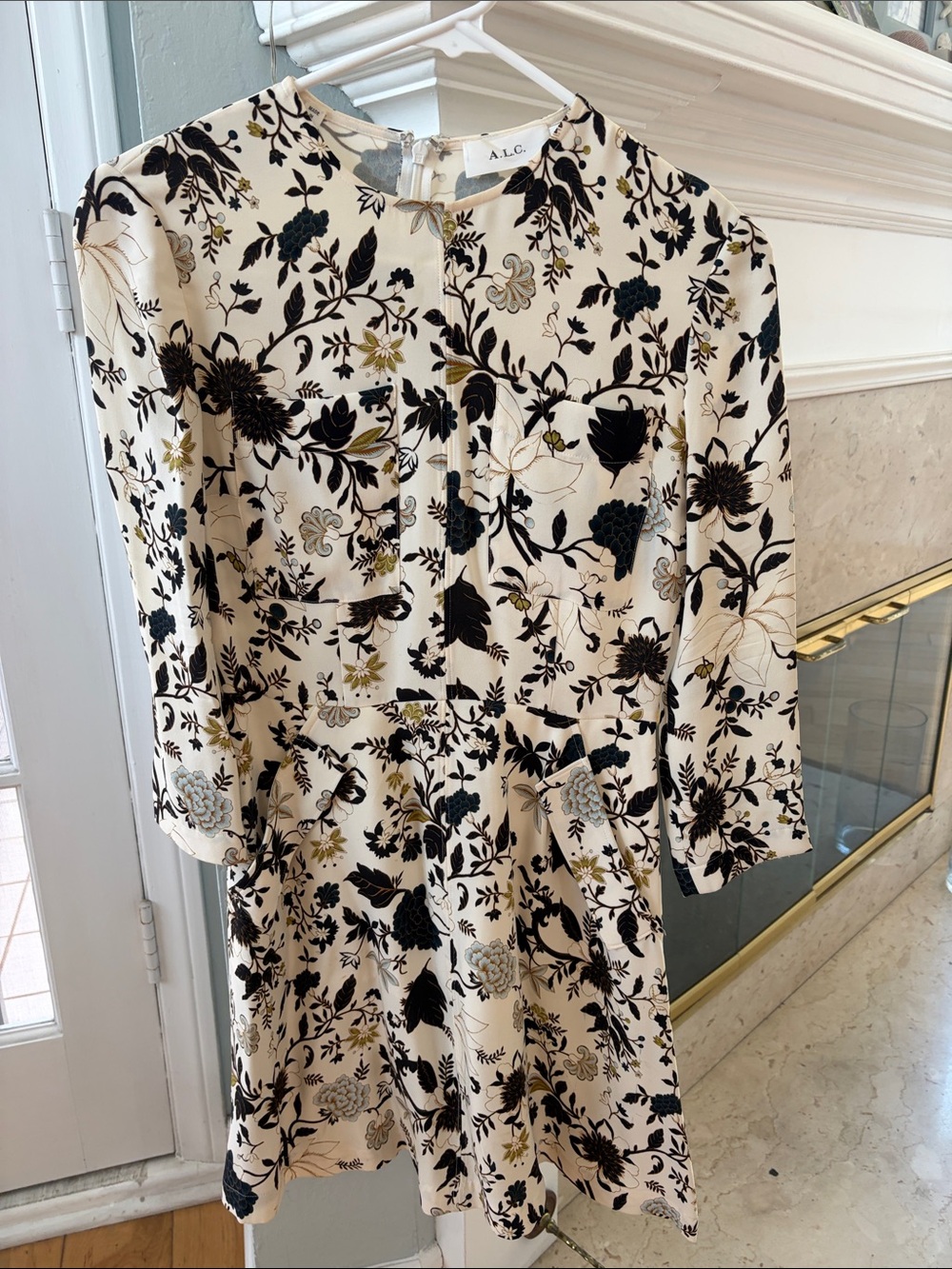 A.L.C. Cream Floral Print Long-Sleeve Dress with Black and Gold Accents